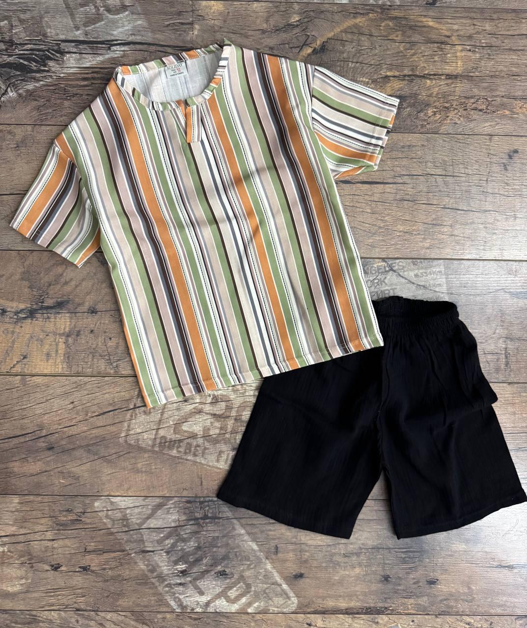 Çizgili Desen Müslin Keten Şort Takım - BloomBabyKids