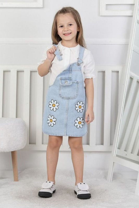 4 Papatya Desenli Denim Salopet - BloomBabyKids